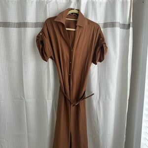 Zara Brown Button-Front Midi Shirt Dress with Waist Tie
